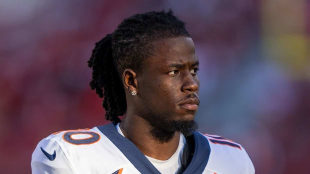  August 19, 2023; Santa Clara, California, USA; Denver Broncos wide receiver Jerry Jeudy (10) during halftime against the San Francisco 49ers at Levi's Stadium. Mandatory Credit: Kyle Terada-USA TODAY Sports